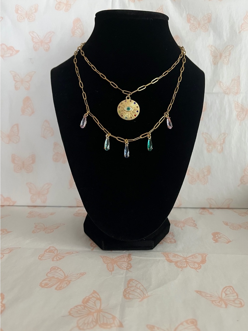 Boho Y2K Layered Gold Evil Eye Charm Necklace Colorful Statement Jewelry